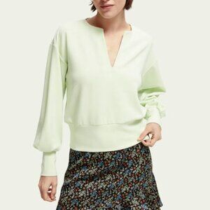 *NEW Scotch & Soda V Neck Sweatshirt with Pleated Sleeves Green Size Large